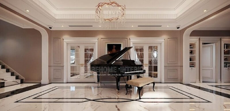 Trang trí không gian để bàn piano đẹp trong biệt thự Vinhomes Imperia Hải Phòng. Mẫu thiết kế nội thất biệt thự đẹp