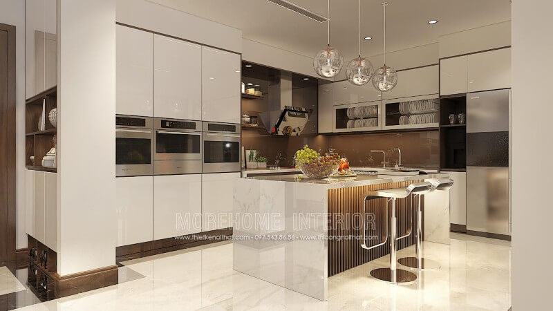 Thiết kế tủ bếp đẹp, ở chính giữa không gian là chiếc bàn đảo tích hợp nhiều công năng như quầy bar, bàn ăn phụ tạo sự tiện nghi trong hoạt động nấu nướng, dùng bữa Tủ bếp hiện đại,tủ bếp đẹp hiện đại, tủ bếp An Cường