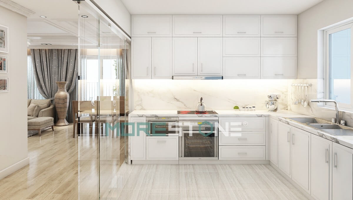 Đá trắng vân mây tạo cho căn bếp không gian sạch sẽ, hài hòa với thiết kế của tủ bếp Tủ bếp hiện đại,tủ bếp đẹp hiện đại, tủ bếp An Cường