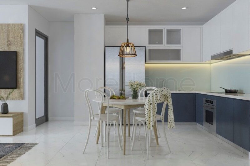 Thiết kế nội thất phòng bếp chung cư sử dụng những tone màu đơn giản, không nhấn mạnh vào chi tiết, gợi một cảm giác khá lạnh, tuy nhiên chính sự lạnh này lại mang đến cho căn bếp sự sạch sẽ và tinh tế. Thiết kế phòng bếp, tủ bếp đẹp
