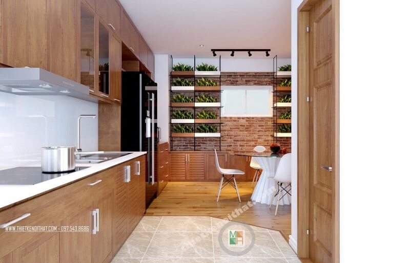 Mẫu thiết kế nội thất phòng bếp chung cư đẹp tiện nghi với đồ nội thất gỗ hiện đại cao cấp và tận dụng tối đa ánh sáng tự nhiên Thiết kế phòng bếp, tủ bếp đẹp