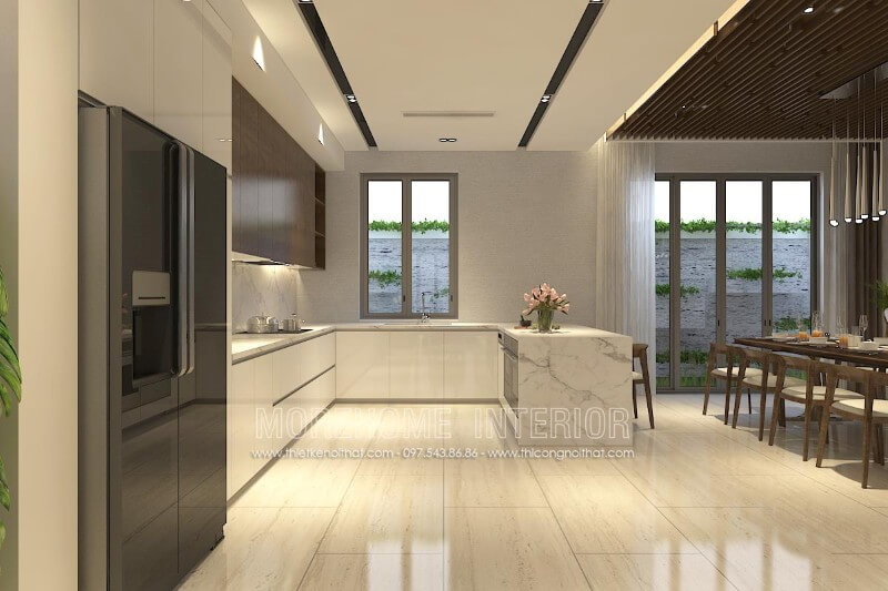 Màu trắng của tủ bếp gỗ Acrylic kết hợp với màu nâu đậm của gỗ Veneer óc chó tạo nên sự hiện đại tinh tế cho không gian bếp Tủ bếp hiện đại,tủ bếp đẹp hiện đại, tủ bếp An Cường
