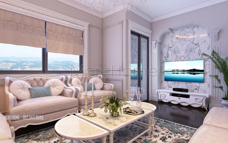 Mẫu sofa phòng khách tân cổ điển với tone màu trắng chủ đạo mang đến một không gian tiếp khách sang trọng và tinh tế. Mẫu sofa gỗ tự nhiên, gỗ óc chó đẹp