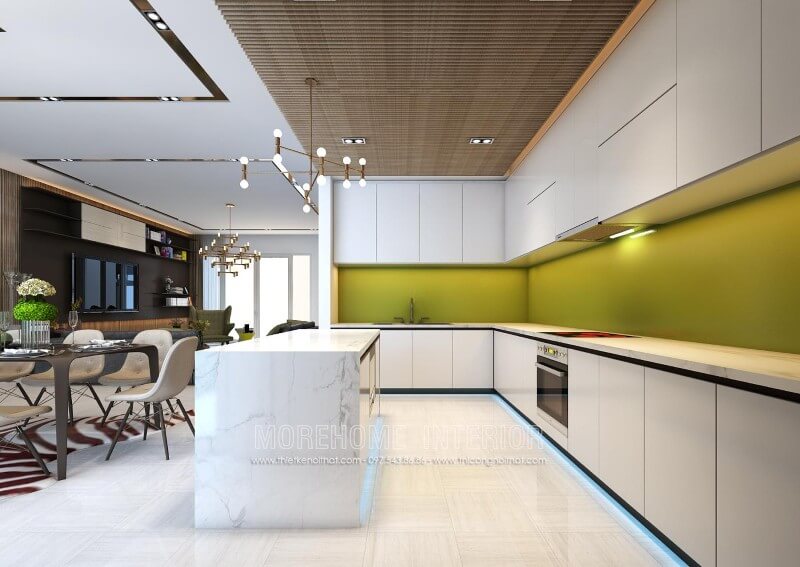 Mẫu thủ bếp gỗ Acrylic được thiết kế kịch trần, màu trắng tinh tế cũng là gam màu được lựa chọn chủ đạo tạo sự thoáng đãng cho không gian căn bếp Tủ bếp gỗ công nghiệp