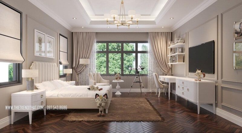 Thiết kế nội thất phòng ngủ bé trai tân cổ điển ấn tượng và năng động, tone màu trắng tinh tế được KTS lựa chọn tạo cảm giác rộng và thoáng hơn cho căn phòng