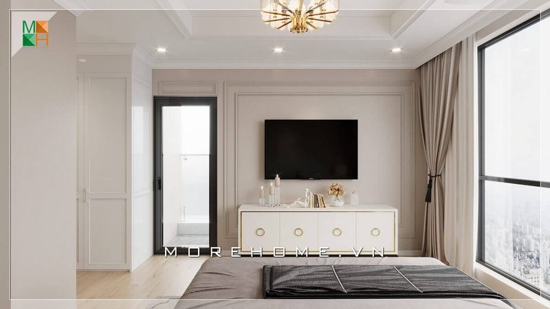 Mẫu thiết kế phòng ngủ dành cho chung cư, nhà phố, biệt thự có diện tích lớn, với nội thất bằng gỗ công nghiệp sơn trắng phong cách tân cổ điển, mang lại vẻ đẹp sang trọng quyến rũ cho căn phòng