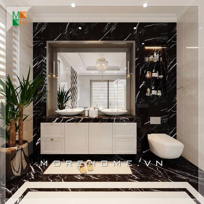 Thiết kế tủ chậu lavabo đẹp mắt và tiện kệ treo tường sẽ giúp phòng tắm đạt được cảm giác thoáng hơn vì sàn nhà ít bị che phủ khiến không gian trở nên rộng hơn và sáng hơn trong mắt người nhìn.