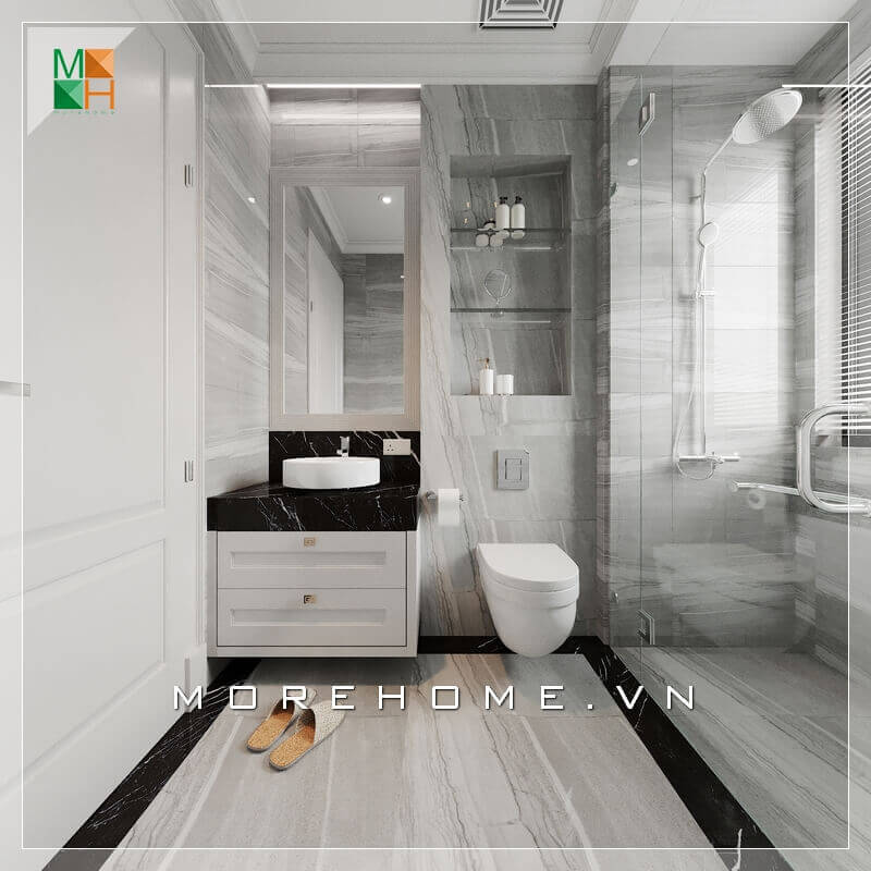 Sử dụng đồng bộ gạch lát nên và ốp tường đẹp, phòng tắm trở nên sang trọng và rất tiện nghi.