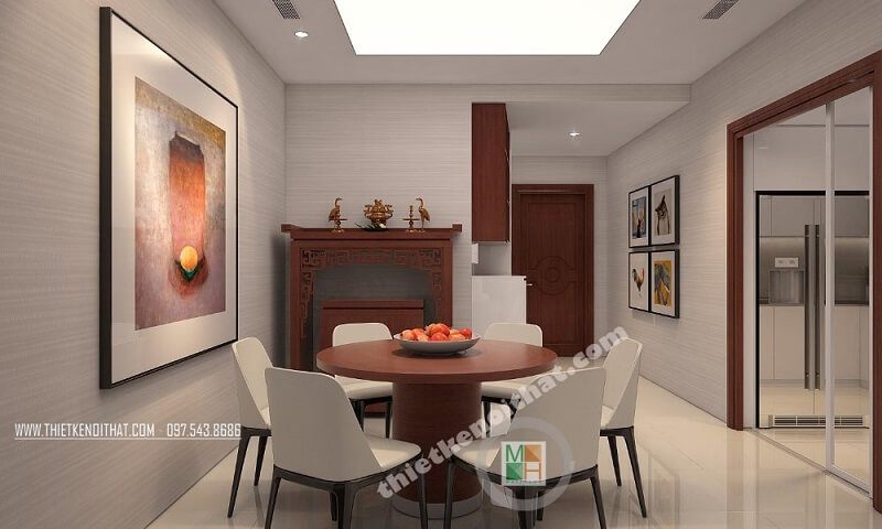 Thiết kế nội thất căn hộ chung cư Royal City Thanh Xuân tiện nghi với phòng bếp và bàn ăn liền kề rất thuận tiện mang đến cảm giác gần gũi cho gia chủ.