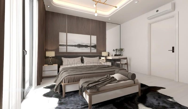 Thiết kế nội thất phòng ngủ hiện đại ấn tượng với chất liệu gỗ óc chó sang trọng từ gỗ ốp tường, giường ngủ gỗ, đôn sofa,..