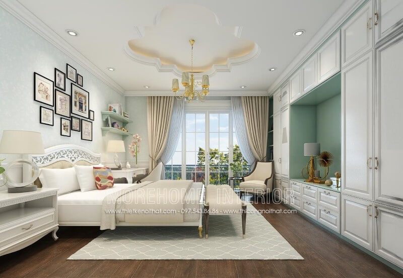 Thiết kế giường ngủ Master tân cổ điển với họa tiết được điêu khắc một cách tỉ mỉ nhất ở phía đầu giường cuốn hút bất kì một ánh nhìn nào