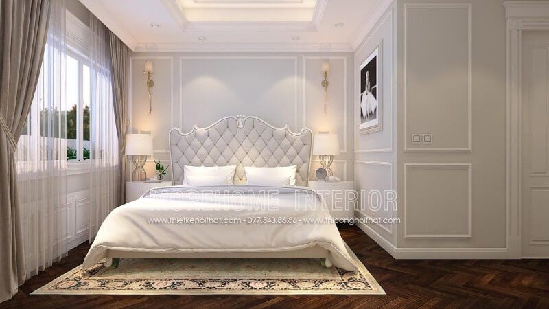Thiết kế giường ngủ gỗ đẹp phong cách tân cổ điển nhẹ nhàng, các chi tiết chạm khắc không quá cầu kì tạo sự thoải mái hơn cho gia chủ