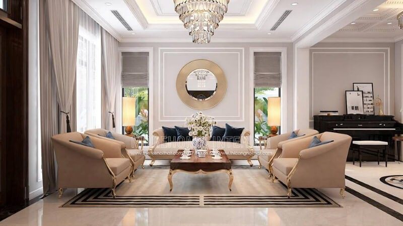 Bộ bàn ghế sofa chân gỗ mạ vàng đẹp, sang trọng cho không gian phòng khách biệt thự, nhà phố.