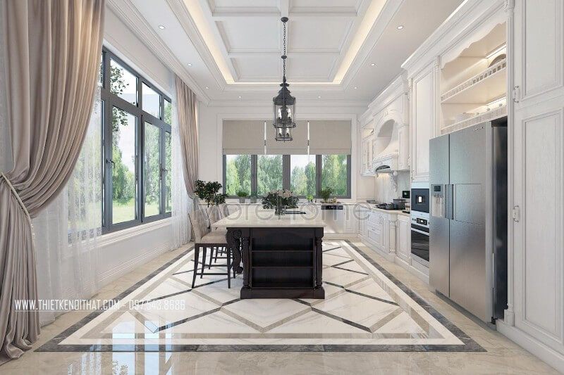 Nội thất phòng bếp gỗ tự nhiên được bố trí hợp lí, bộ tủ bếp hoàng gia kết hợp chiếc bàn đảo chính giữa, tích hợp của nhiều công năng như: bàn ăn phụ, quầy bar... tạo sự thuận tiện cho chủ nhân biệt thự